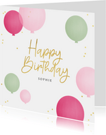 Verjaardagskaart tekst happy birthday ballonnen goud