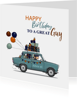 Verjaardagskaart Trabant met kadootjes 