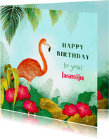 Verjaardagskaart tropical met flamingo