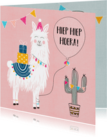 Verjaardagskaart - Vrolijke lama met cadeautjes en slingers