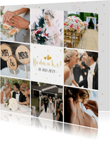 Vierkante fotocollage bedankkaart huwelijk met 8 foto's