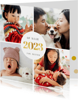 Vierkante fotocollage nieuwjaarskaart met 4 eigen foto's