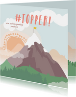 Vierkante kaart met getekende berg met een vlag erop #topper