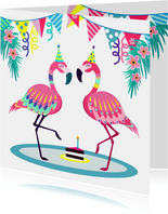 Vrolijke flamingo's verjaardagskaart met slingers