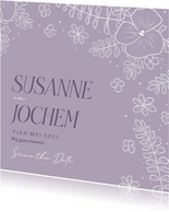Vrolijke save the date kaart met bloemenkader in lila