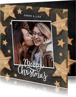 Weihnachtskarte Holzsterne, Foto und Merry Christmas