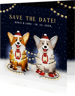 Winterse Save the Date kaart met 2 corgi honden en lampjes