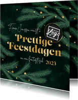 Zakelijke kerstkaart dennentakjes groen goud sterren logo