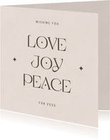 Zandkleurige nieuwjaarskaart love joy peace