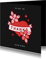  Zwarte bedankkaart met rode en roze bloemen illustraties