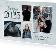 Fotocollage nieuwjaarskaart happy 2023 met sneeuwvlokken
