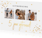 Jubileumkaart 5 jaar getrouwd goudlook confetti fotocollage