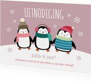 Kinderfeestje uitnodigingskaart pinguïns roze