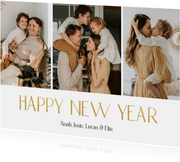Nieuwjaarskaart fotocollage met goud happy new year