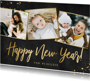 Nieuwjaarskaart fotocollage zwart met goud en 3 foto's