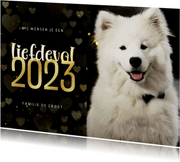 Nieuwjaarskaart met foto goudlook hartjes liefdevol 2023