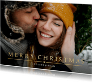 Stijlvolle kerstkaart met grote eigen foto en goudlook tekst