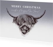 Stoere kerstkaart met potloodtekening Schotse hooglander