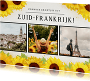 Vakantiekaart zonnebloemen groeten uit met 3 foto's