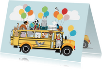 Back to School kinderkaart met schoolbus vol dierenvrienden