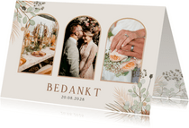 Botanisch bohemian bedankkaartje bruiloft met 3 foto's 