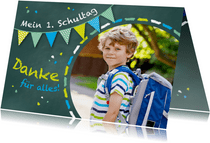 Dankeskarte Einschulung Schultafel grünblau und Foto