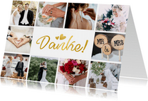 Dankeskarte Hochzeit mit Fotocollage und goldenen Herzen