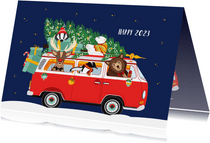 Een vrolijk Volkswagen busje vol kerst diertjes 