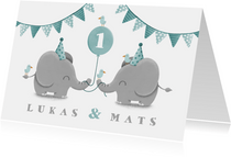 Einladungskarte Zwillinge blau Elefanten mit Luftballon 