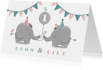 Einladungskarte Zwillinge blau-rosa Elefanten mit Luftballon