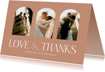 Elegante bedankkaartje huwelijk met eigen fotos roestkleur