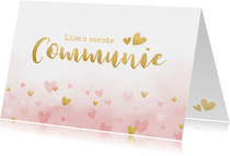 Felicitatiekaart communie - roze waterverf met gouden hartje