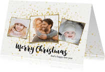 Foto kerstkaart met gouden spetters en typografie