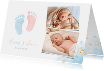 Geboortekaartje tweeling jongen meisje voetjes en foto's