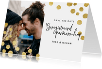Geregistreerd partnerschap kerstkaart gouden confetti & foto