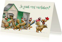 Grappige felicitatiekaart met kippen bij een kippenhok