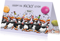 Grappige verjaardagskaart pinguïns met ballonnen en drankje