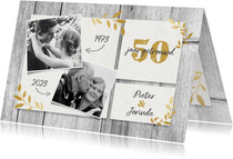 Hippe jubileumkaart 50 jaar met hout, gouden takjes & foto's
