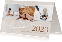 Hippe nieuwjaarskaart foto's healthy new year 2023 op beige
