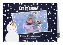 Kerst foto kaart met sneeuw en een schattige sneeuwpop