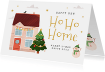 Kerst verhuiskaart huisje kerstboom sneeuwpop sterren