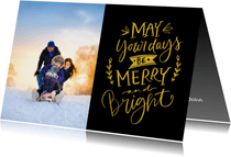 Kerstkaart Merry and Bright goud zwart met foto