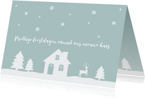 Kerstkaart verhuiskaart huisje sneeuw silhouet