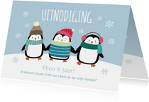 Kinderfeestje uitnodigingskaart pinguïns blauw