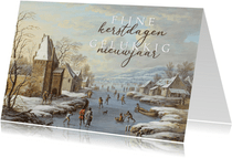 Klassieke kerstkaart schilderij wintergezicht met ijsvermaak