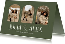 Klassieke trouwkaart met fotos in olijfgroen