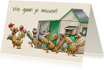 Leuke felicitatiekaart met kippen bij een kippenhok