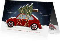 Leuke kerst verhuiskaart met oude Volkswagen en kerstboom