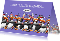 Leuke kerstkaart met 7 pinguïns, die met elkaar proosten