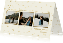 Liebeskarte Goldlook mit drei Fotos und Herzen